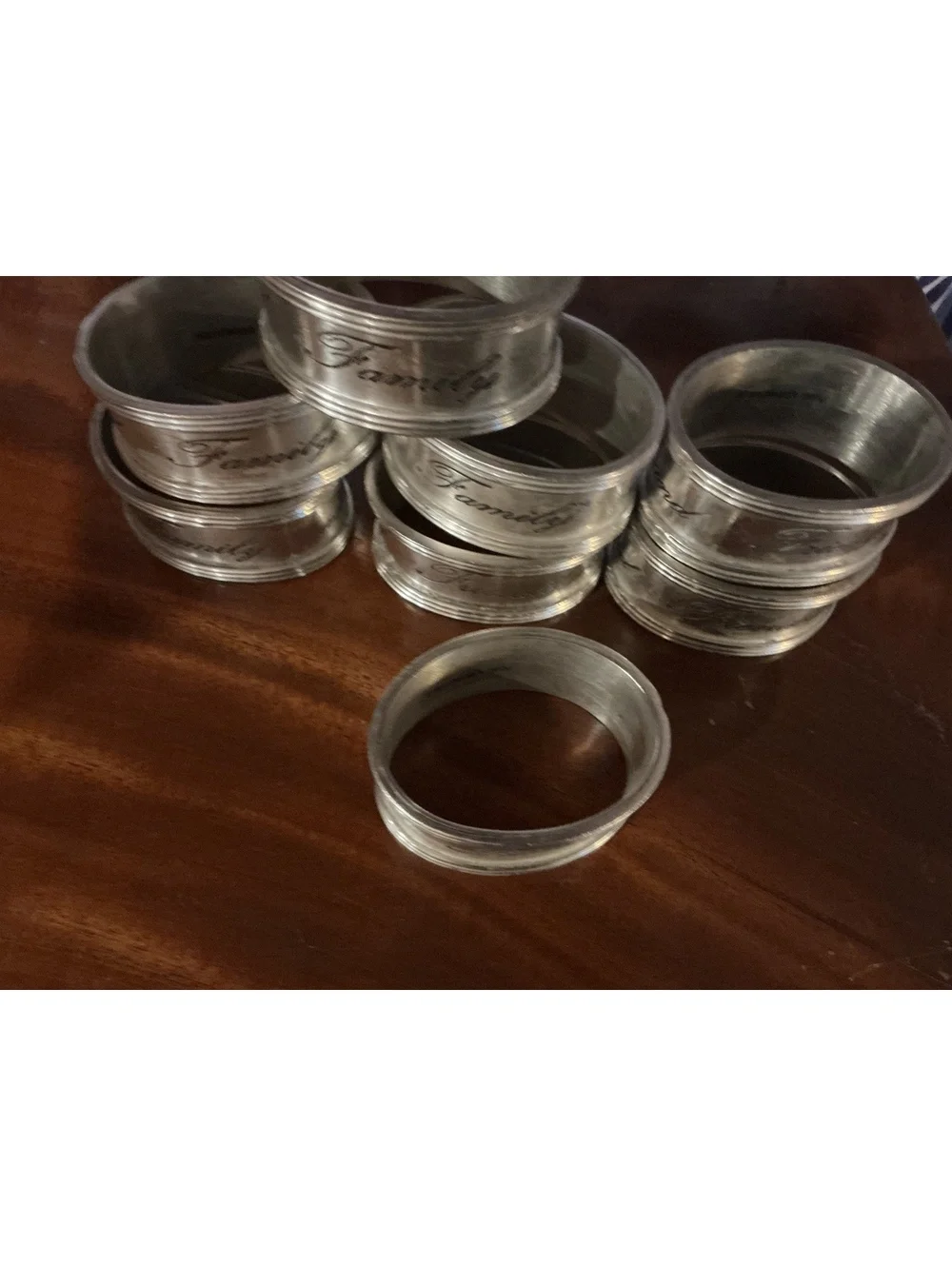 Pottery Barn Silver Napkin Rings, Family Friends Engraved, Set of 8